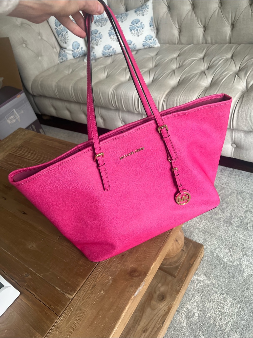Michael Kors Hot Pink Saffiano Leather Tote with Gold-Tone Accents